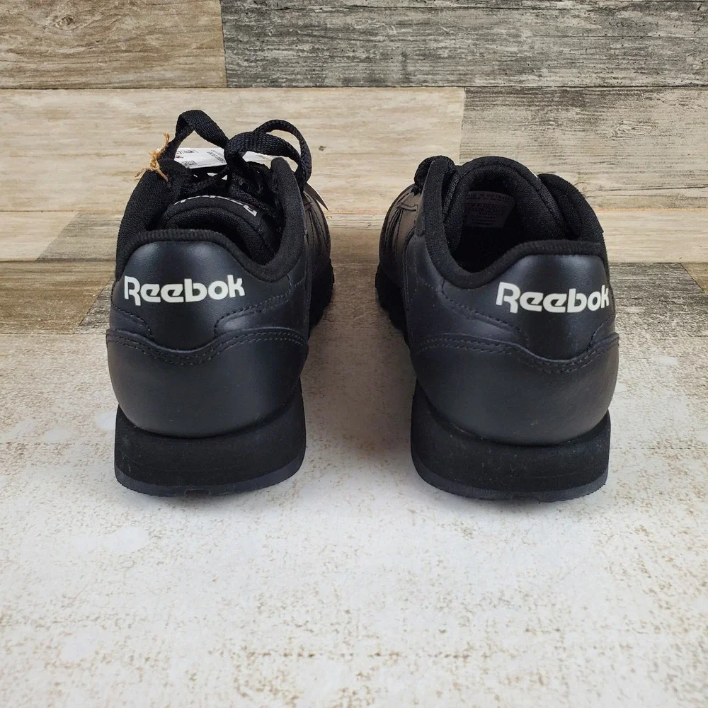 Reebok Classic Womens Running Shoes Sz 6 Triple Black Leather Lace Up Sneakers